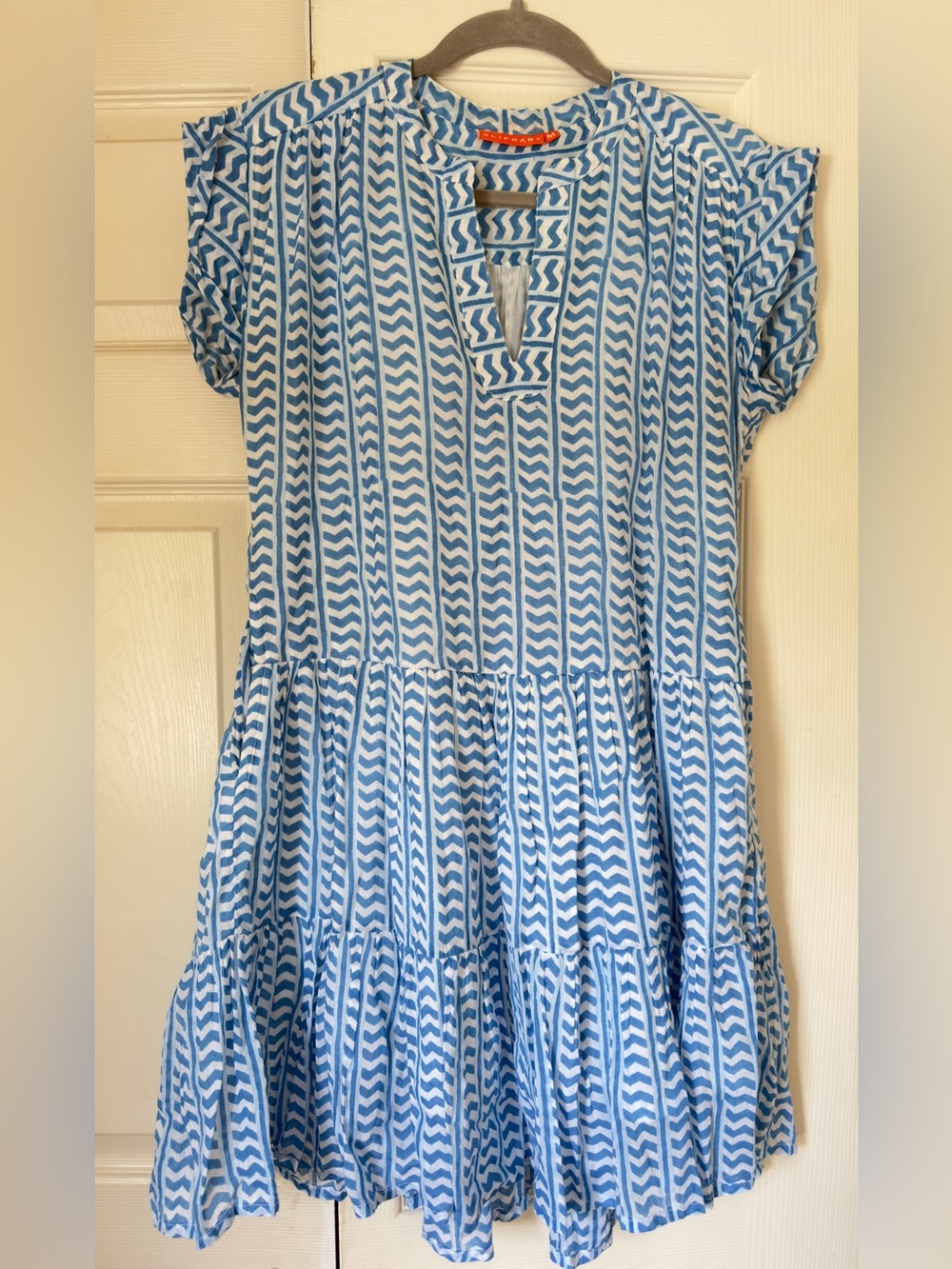 Oliphant Blue & White Notch-Neck Tiered Sundress - 100% Cotton - Picture 5 of 8